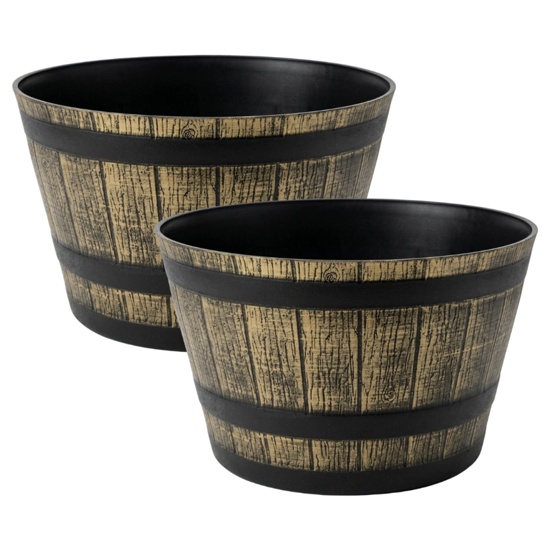 SET 2 MACETERO PLASTICO DISEÑO EFECTO BARRIL MACETA XL - 1