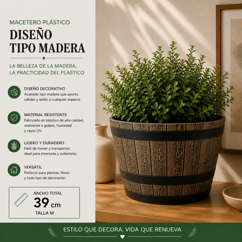 MACETERO PLASTICO DISEÑO EFECTO BARRIL DE MADERA MACETA M - 4