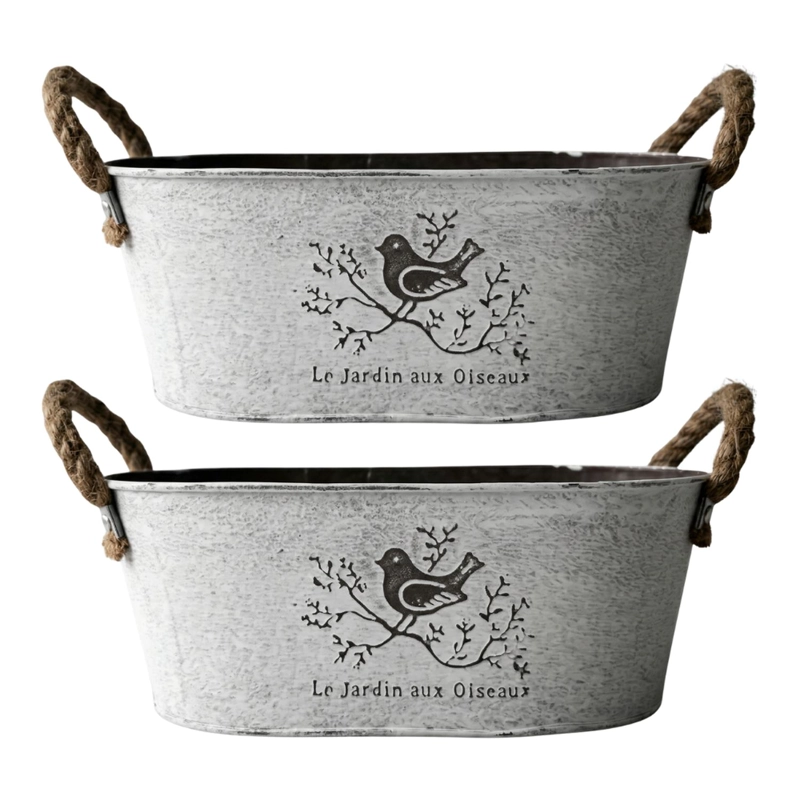 SET 2 MACETERO METALICO BLANCO OVALADO DECORATIVO CON ASAS M - 1