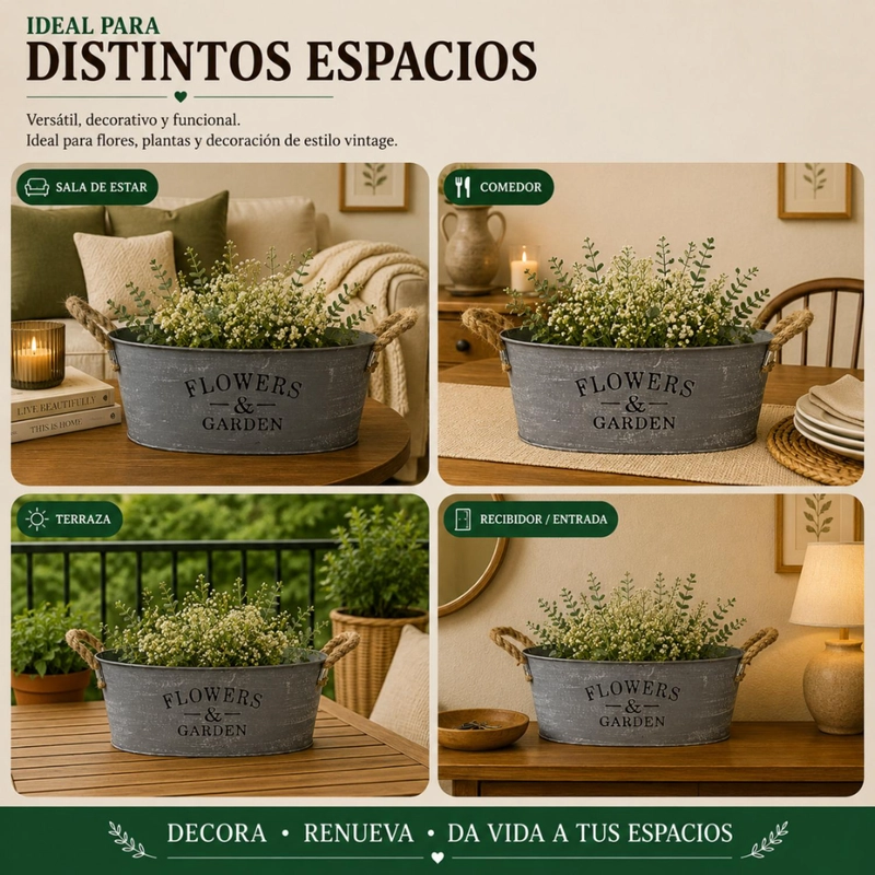 SET 2 MACETERO METALICO GRIS OVALADO DECORATIVO CON ASAS L - 5