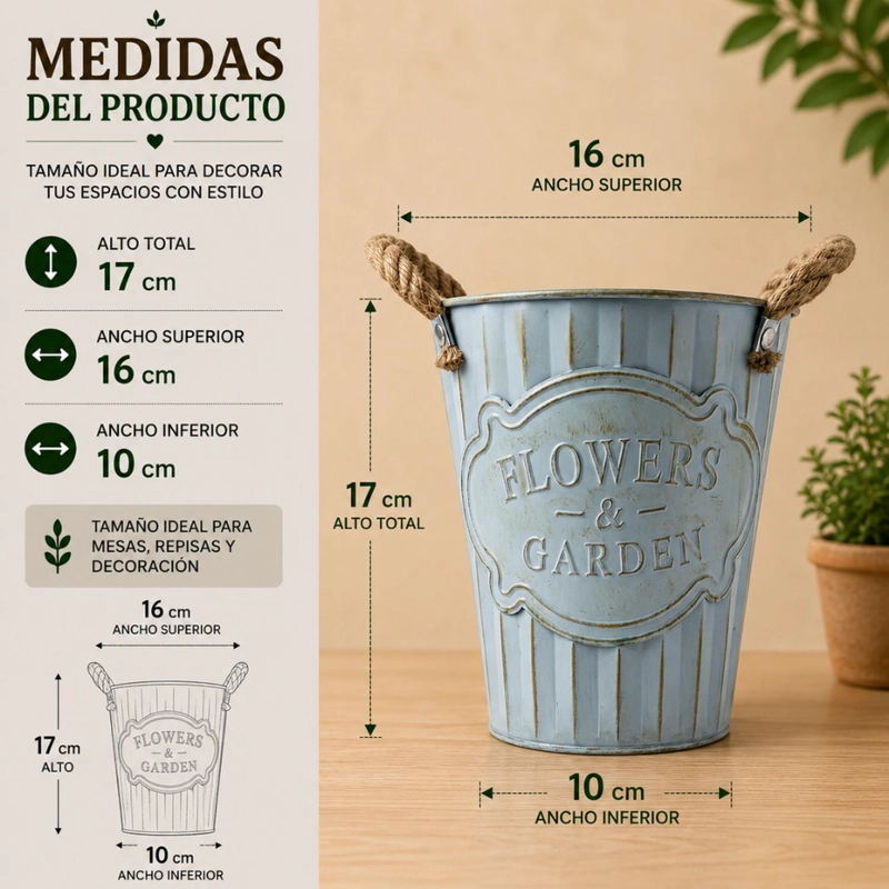 MACETERO METALICO CELESTE DECORATIVO CON ASAS JARDIN S - 4