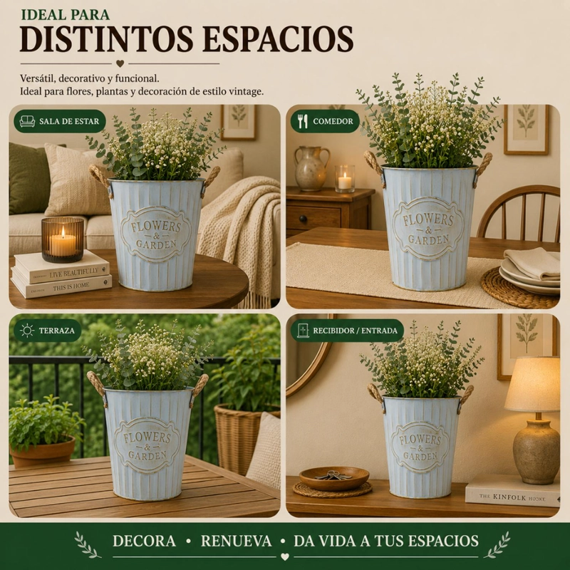 MACETERO METALICO CELESTE DECORATIVO CON ASAS JARDIN S - 5