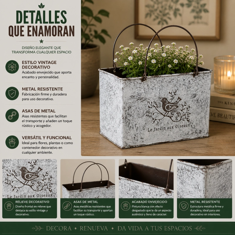 SET 2 MACETERO METALICO DECORATIVO CON ASAS FLORERO CARTERA - 6