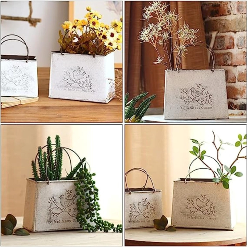 SET 2 MACETERO METALICO DECORATIVO CON ASAS FLORERO CARTERA - 9