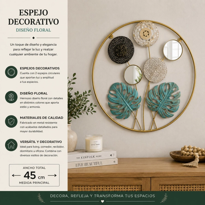 CUADRO METAL DECORATIVO HOJAS VERDES CON 2 ESPEJOS - 4