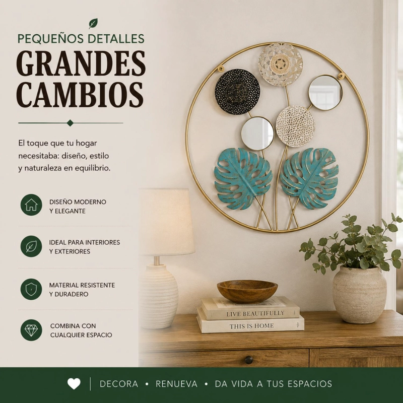 CUADRO METAL DECORATIVO HOJAS VERDES CON 2 ESPEJOS - 5