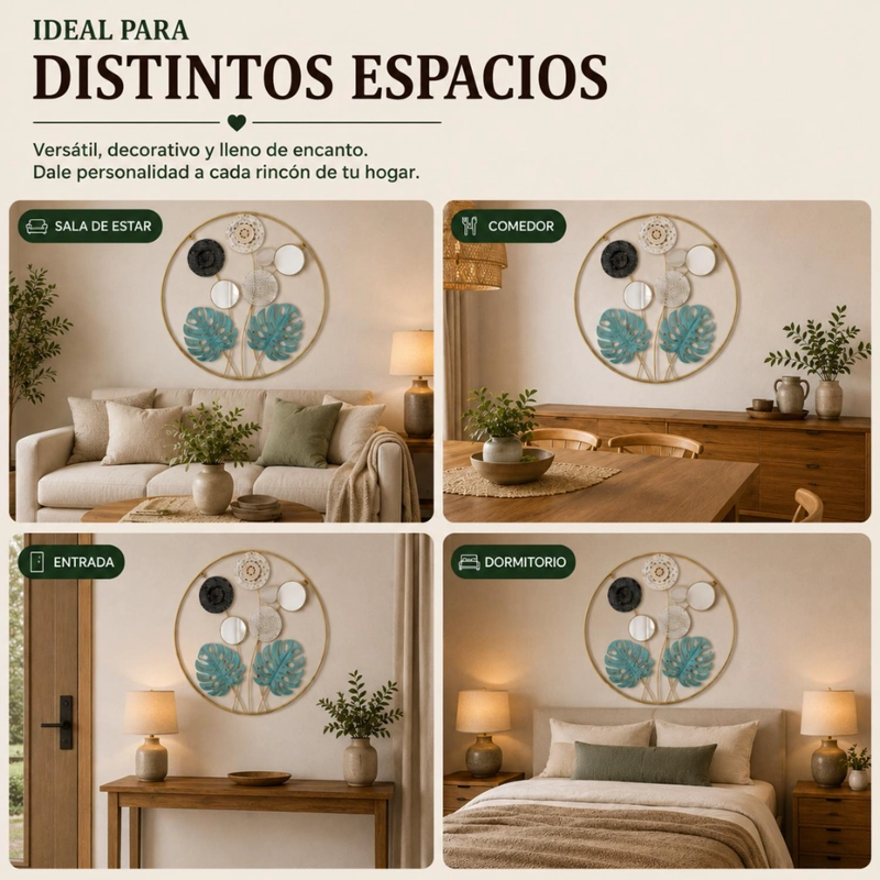 CUADRO METAL DECORATIVO HOJAS VERDES CON 2 ESPEJOS - 6