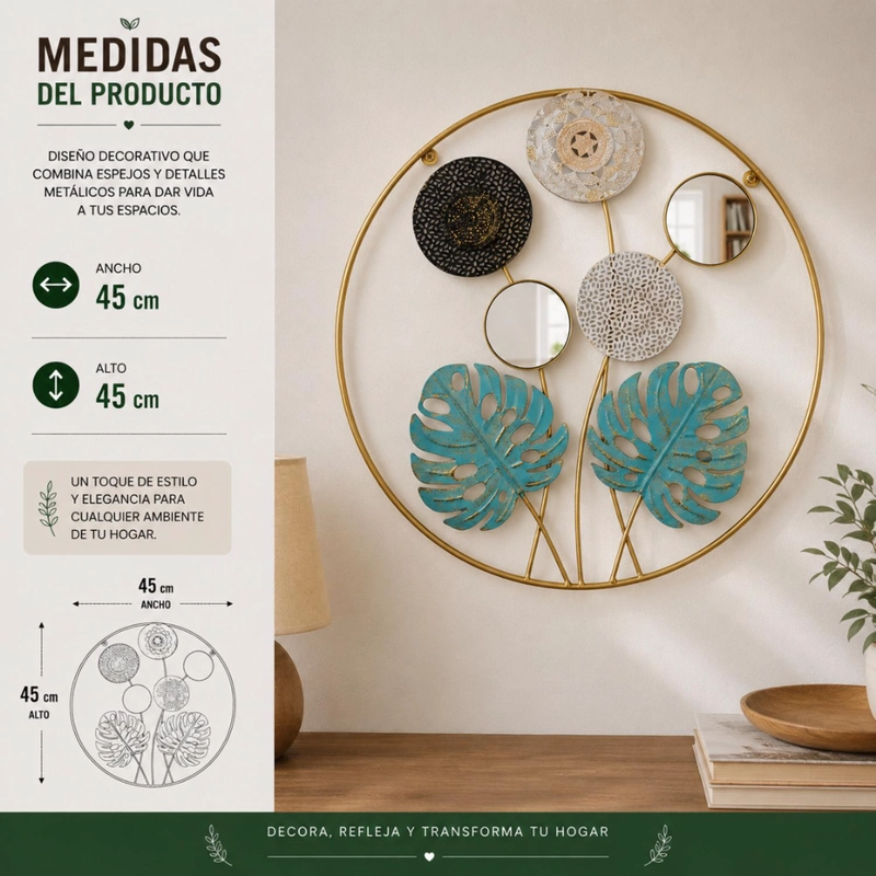 CUADRO METAL DECORATIVO HOJAS VERDES CON 2 ESPEJOS - 7
