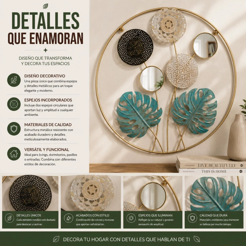 CUADRO METAL DECORATIVO HOJAS VERDES CON 2 ESPEJOS - 8