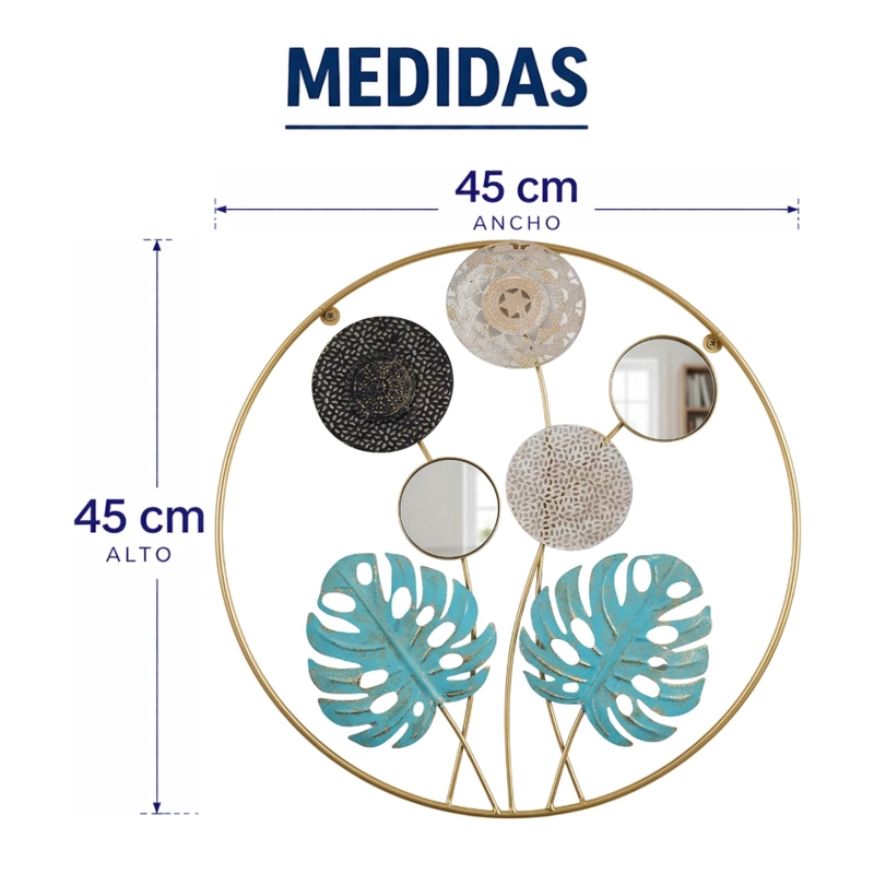 CUADRO METAL DECORATIVO HOJAS VERDES CON 2 ESPEJOS - 9