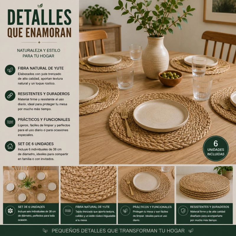 SET 6 INDIVIDUALES REDONDOS PARA COMEDOR TERRAZA MANTELES - 8