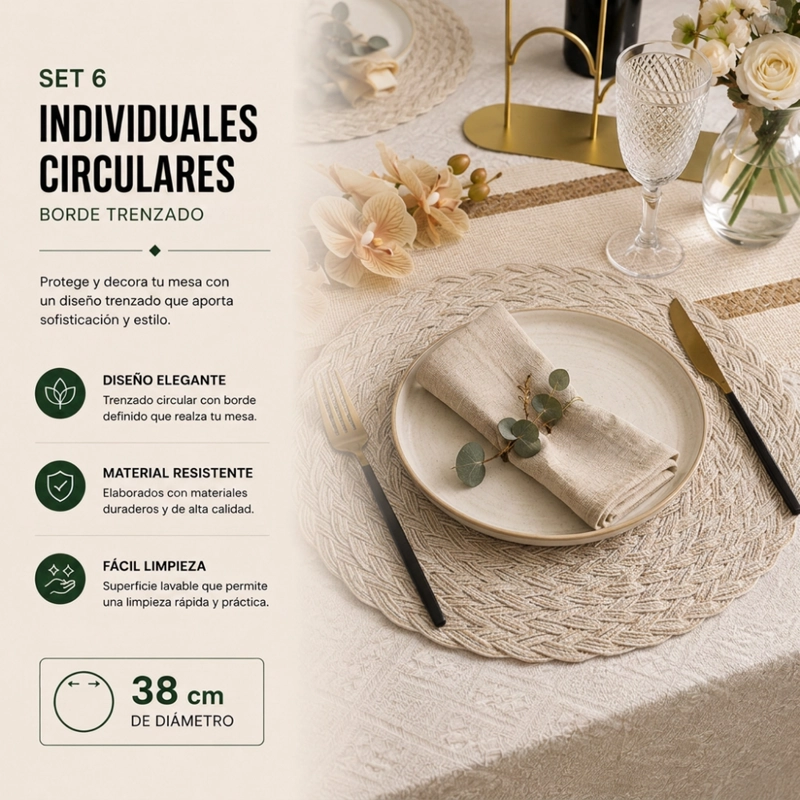 SET 6 INDIVIDUALES CIRCULARES BORDE TRENZADO COLOR ARENA - 6