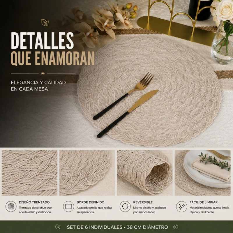SET 6 INDIVIDUALES CIRCULARES BORDE TRENZADO COLOR ARENA - 8