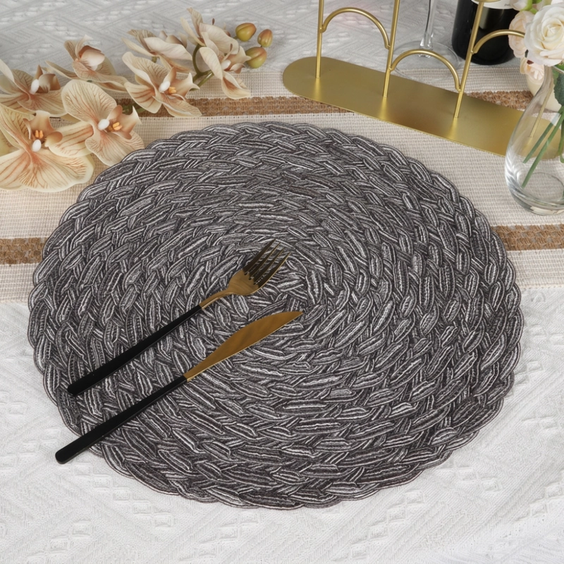 SET 6 INDIVIDUALES CIRCULARES BORDE TRENZADO NEGRO PLATEADO - 2