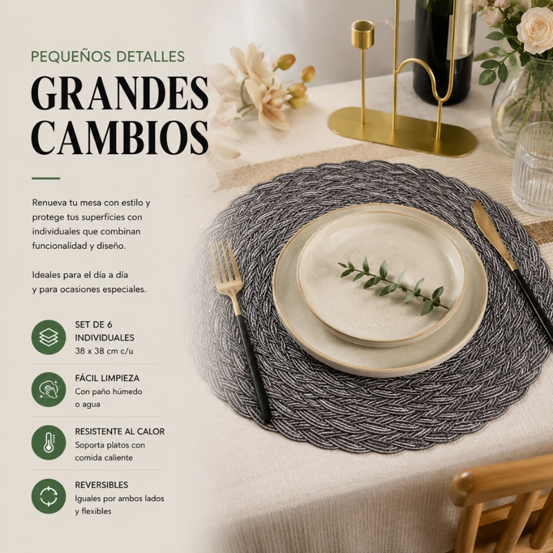 SET 6 INDIVIDUALES CIRCULARES BORDE TRENZADO NEGRO PLATEADO - 4