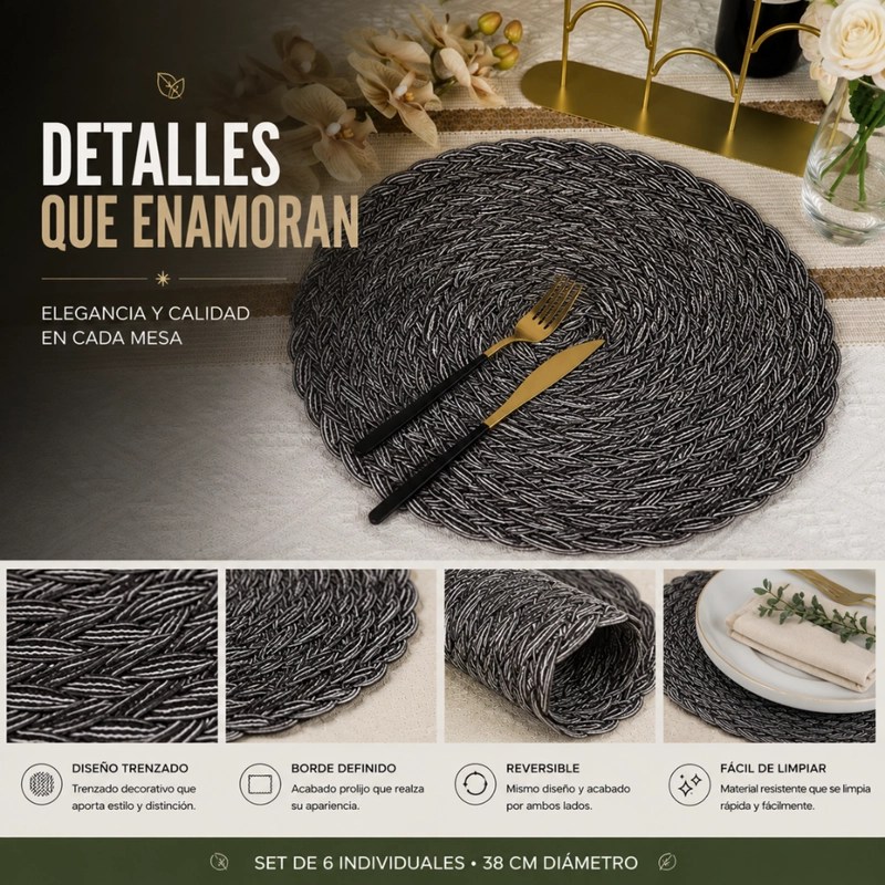 SET 6 INDIVIDUALES CIRCULARES BORDE TRENZADO NEGRO PLATEADO - 5
