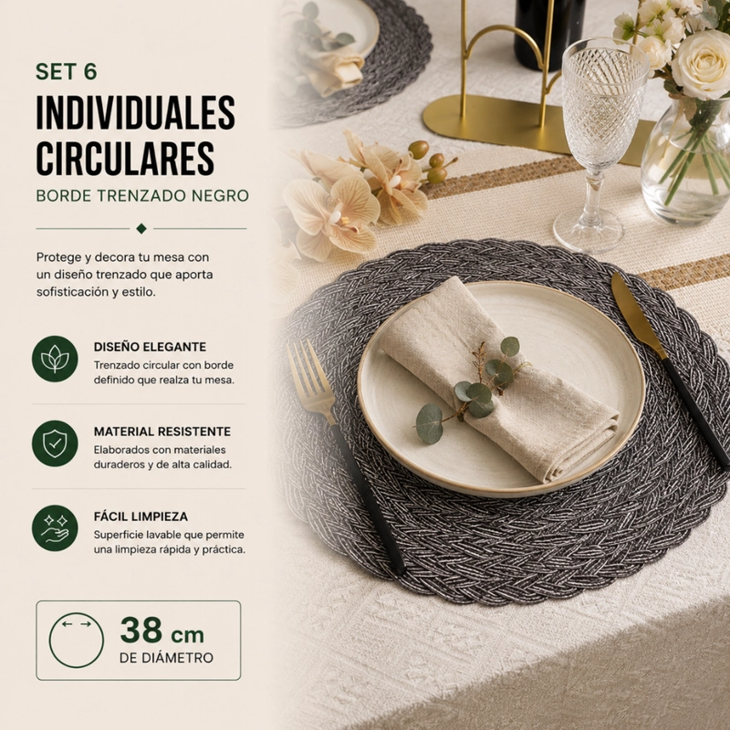 SET 6 INDIVIDUALES CIRCULARES BORDE TRENZADO NEGRO PLATEADO - 6