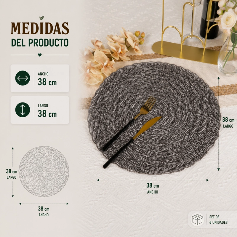 SET 6 INDIVIDUALES CIRCULARES BORDE TRENZADO NEGRO PLATEADO - 7
