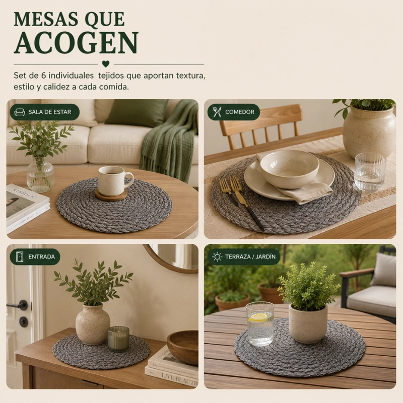 SET 6 INDIVIDUALES CIRCULARES BORDE TRENZADO NEGRO PLATEADO - 8