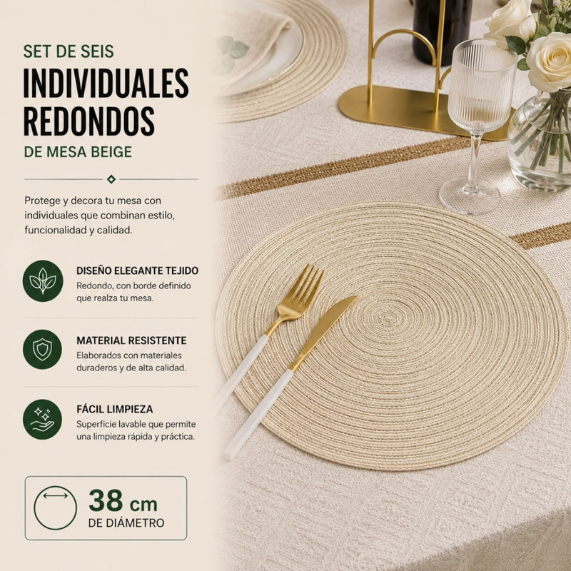SET 6 INDIVIDUALES FLIP CIRCULARES ESTILO ZIGZAG DISEÑO BEIGE - 6