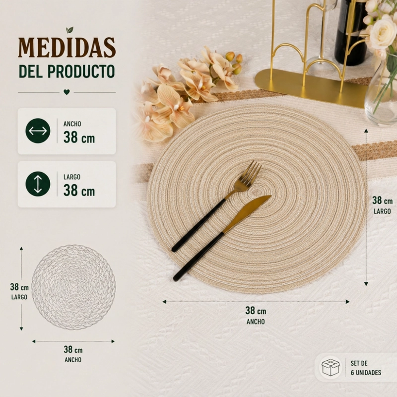 SET 6 INDIVIDUALES FLIP CIRCULARES ESTILO ZIGZAG DISEÑO BEIGE - 7
