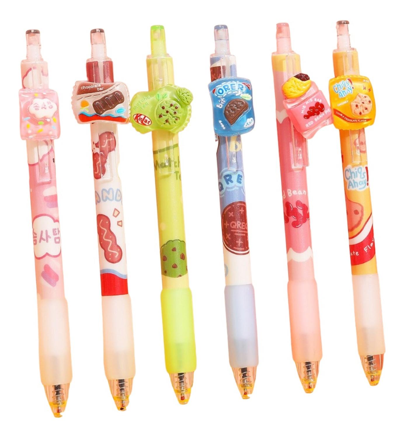 SET X6 LÁPICES BOLÍGRAFOS TINTA GEL NEGRO KAWAII ALIMENTOS CUTE - 1