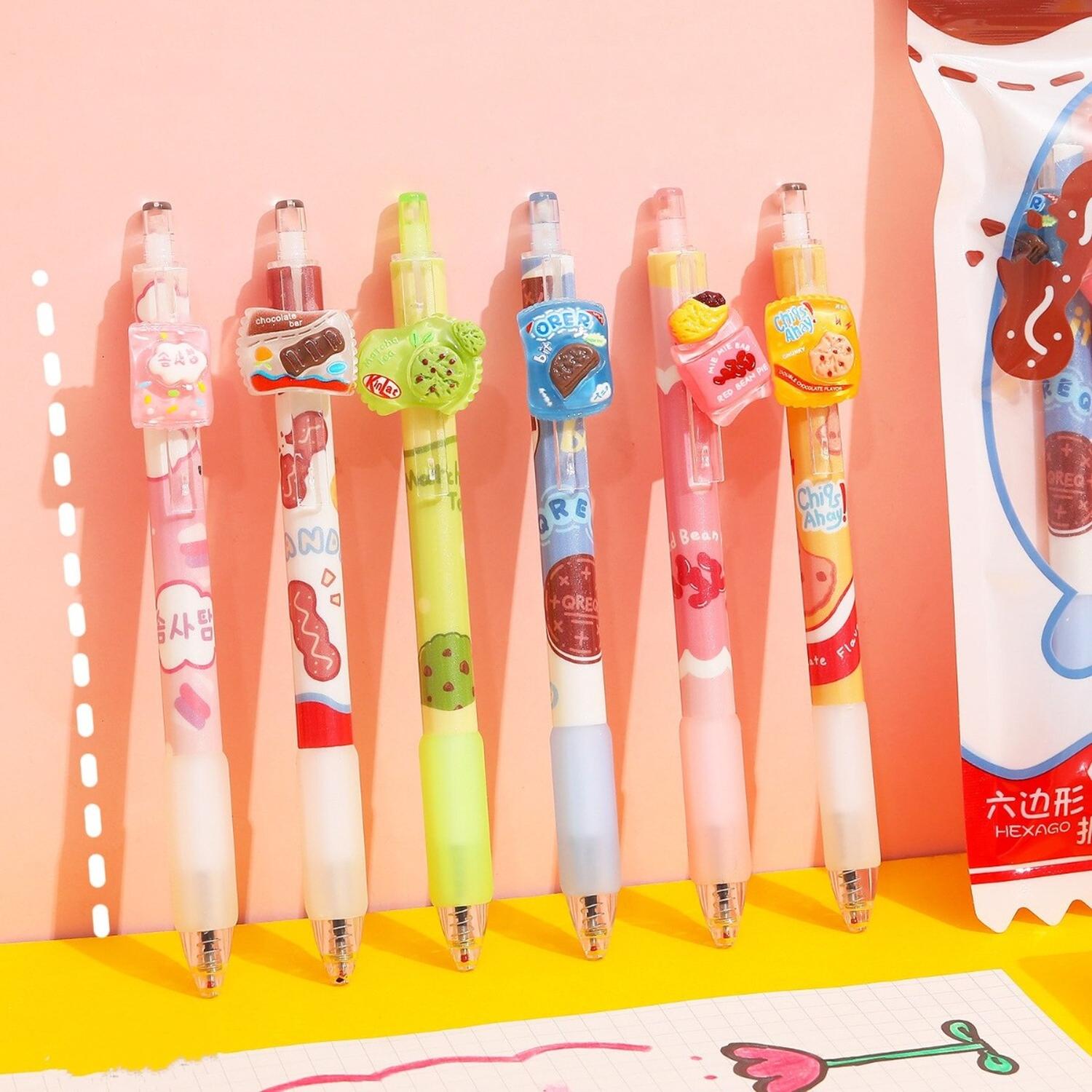 SET X6 LÁPICES BOLÍGRAFOS TINTA GEL NEGRO KAWAII ALIMENTOS CUTE - 2
