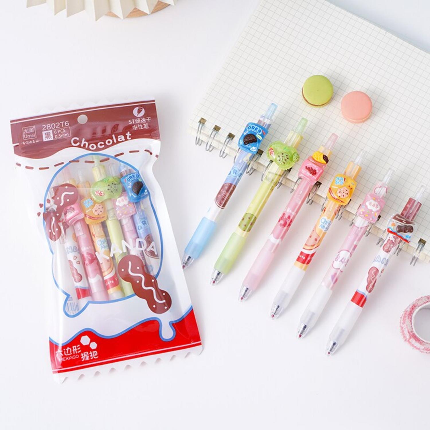SET X6 LÁPICES BOLÍGRAFOS TINTA GEL NEGRO KAWAII ALIMENTOS CUTE - 3