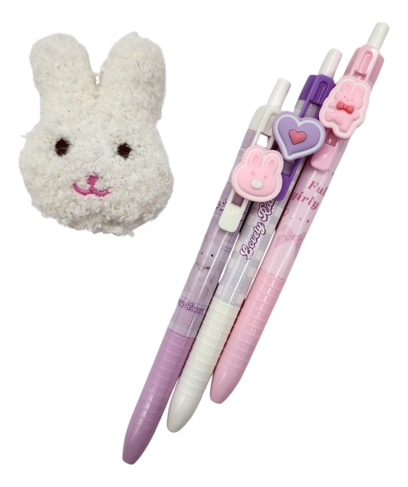 SET 3 LAPICES KAWAII CUTE DISEÑO LOVELY RABBIT + COLGANTE - 1