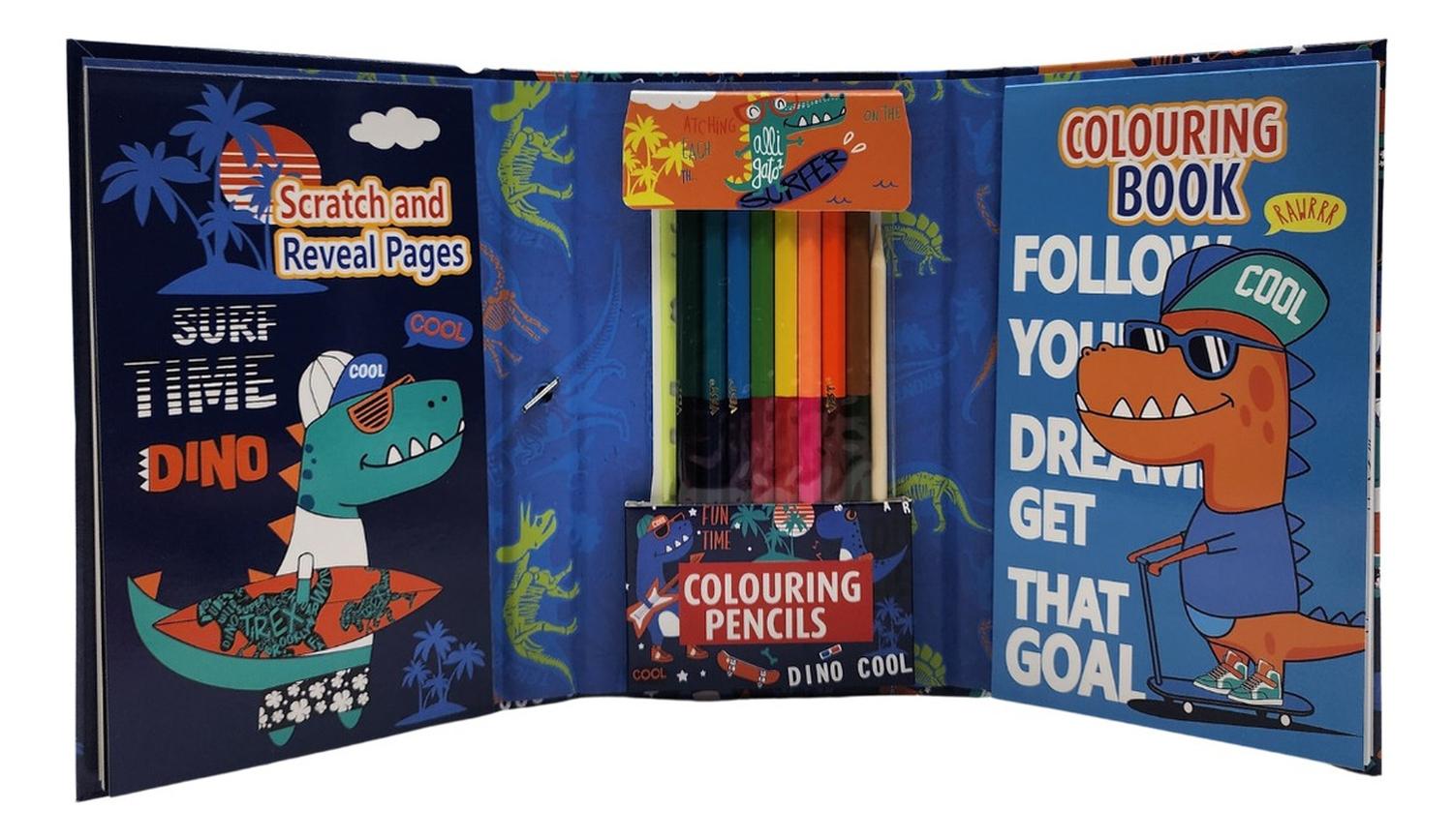 SET DE ARTE FLIP PARA NIÑOS LAPICES DIBUJOS Y PIZARRA COLOREAR DINOSAURIO - 2
