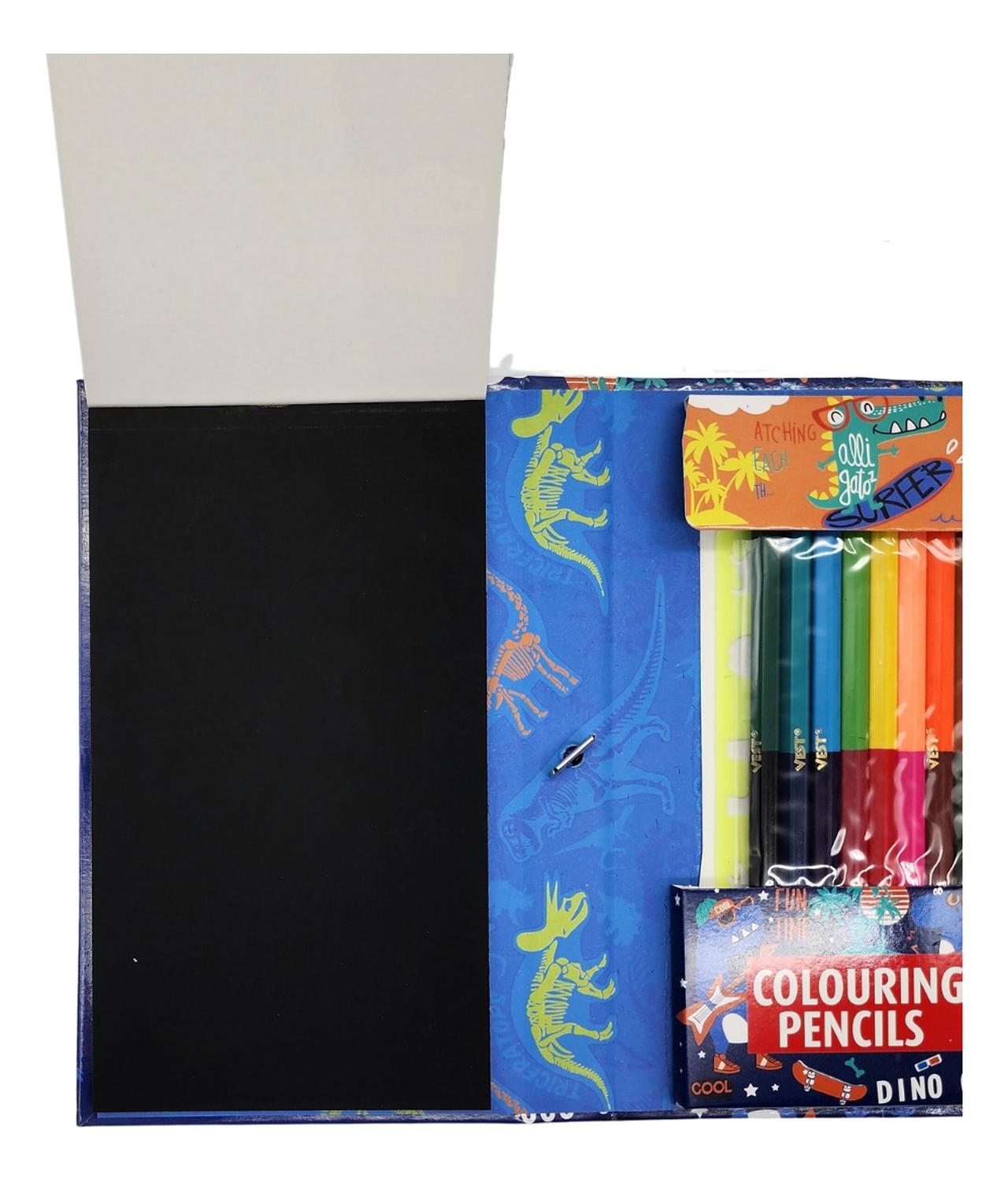 SET DE ARTE FLIP PARA NIÑOS LAPICES DIBUJOS Y PIZARRA COLOREAR DINOSAURIO - 3