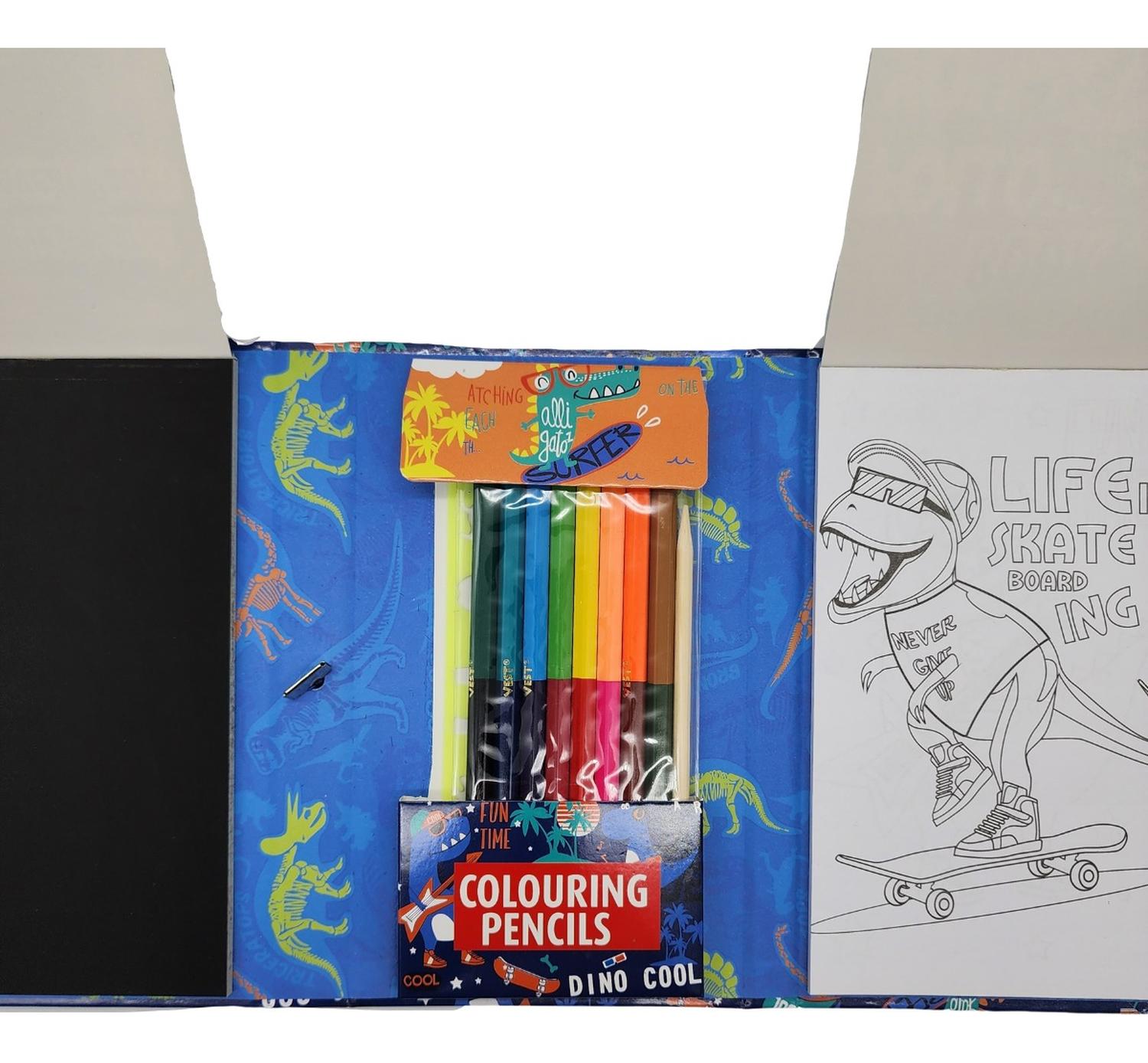 SET DE ARTE FLIP PARA NIÑOS LAPICES DIBUJOS Y PIZARRA COLOREAR DINOSAURIO - 4
