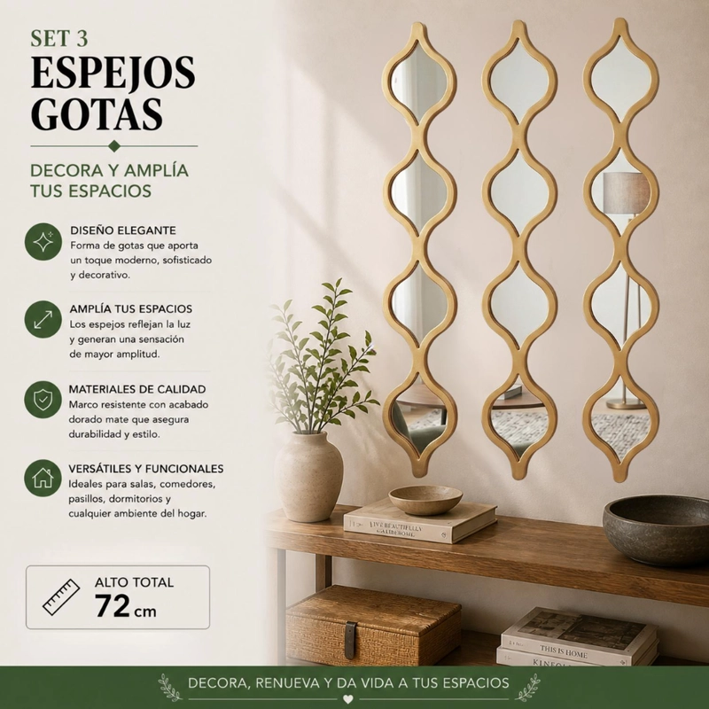SET 3 ESPEJOS ONDAS ALARGADAS PARED MARCOS ESPEJOS - 4