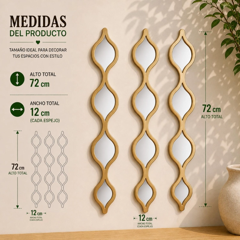 SET 3 ESPEJOS ONDAS ALARGADAS PARED MARCOS ESPEJOS - 6