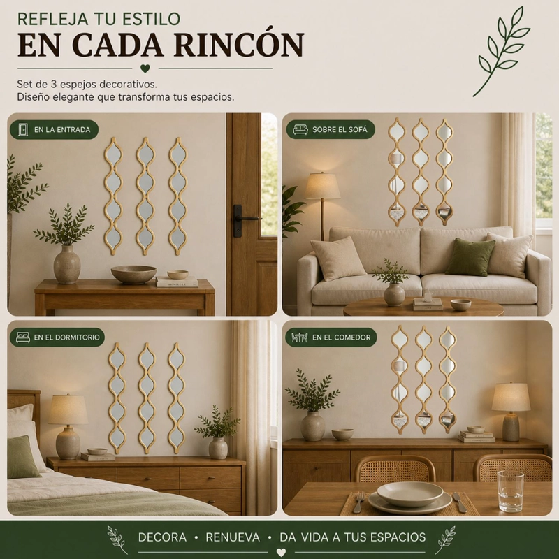 SET 3 ESPEJOS ONDAS ALARGADAS PARED MARCOS ESPEJOS - 7