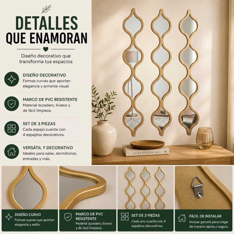 SET 3 ESPEJOS ONDAS ALARGADAS PARED MARCOS ESPEJOS - 8