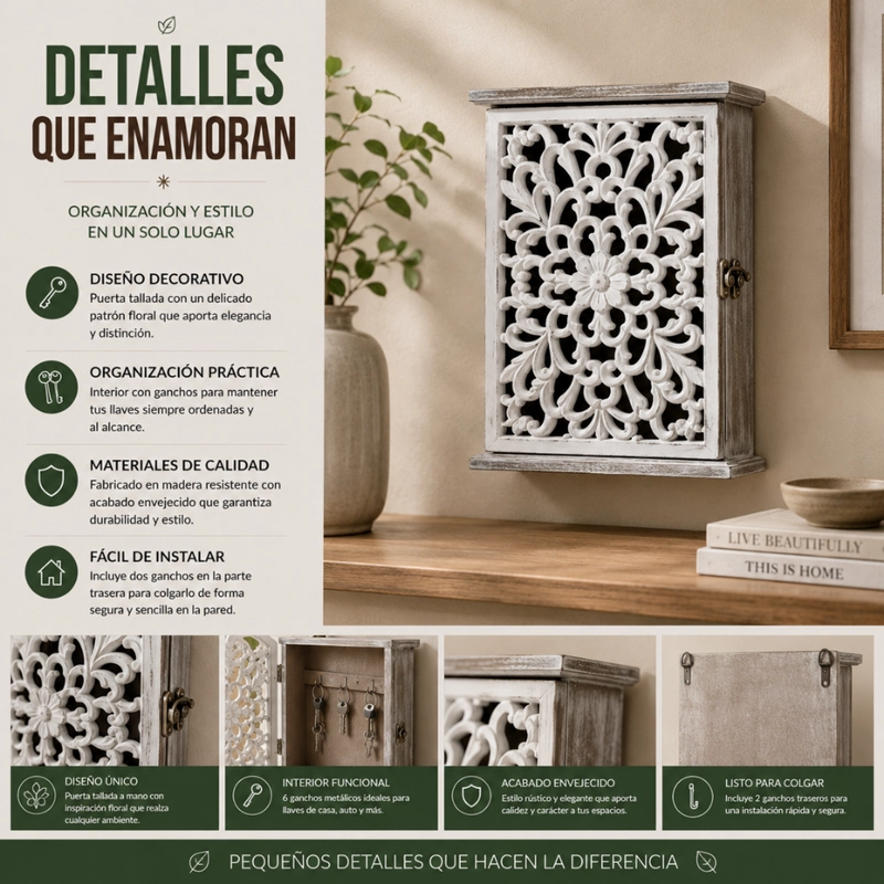 PORTA LLAVE DE MADERA DISEÑO MANDALA 6 GANCHOS PARA LLAVES - 8