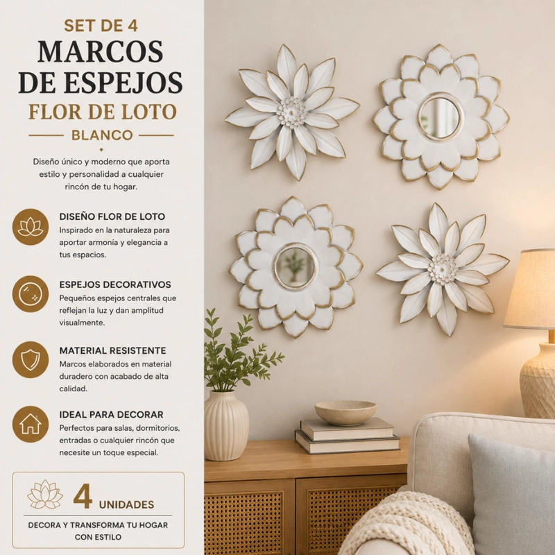 SET 4 MARCOS ESPEJOS FLOR LOTO DECORATIVO DECO BLANCO - 4