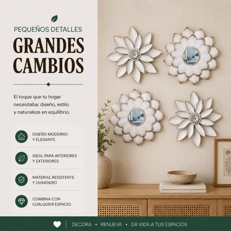 SET 4 MARCOS ESPEJOS FLOR LOTO DECORATIVO DECO BLANCO - 5