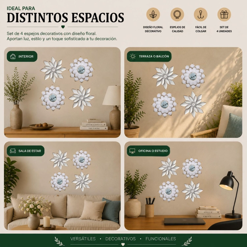SET 4 MARCOS ESPEJOS FLOR LOTO DECORATIVO DECO BLANCO - 6