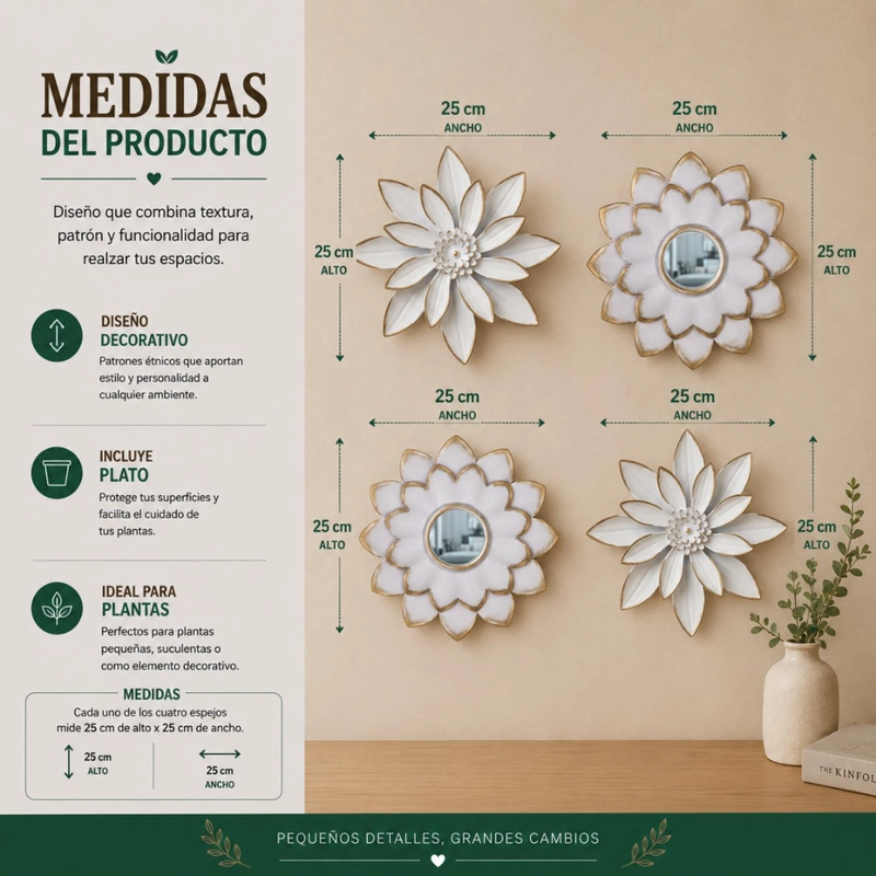 SET 4 MARCOS ESPEJOS FLOR LOTO DECORATIVO DECO BLANCO - 7