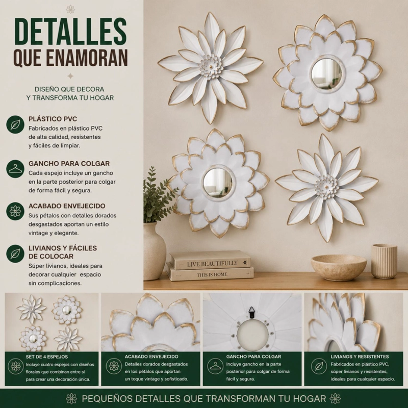 SET 4 MARCOS ESPEJOS FLOR LOTO DECORATIVO DECO BLANCO - 8