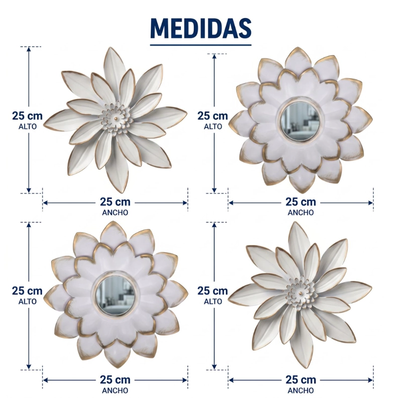 SET 4 MARCOS ESPEJOS FLOR LOTO DECORATIVO DECO BLANCO - 9