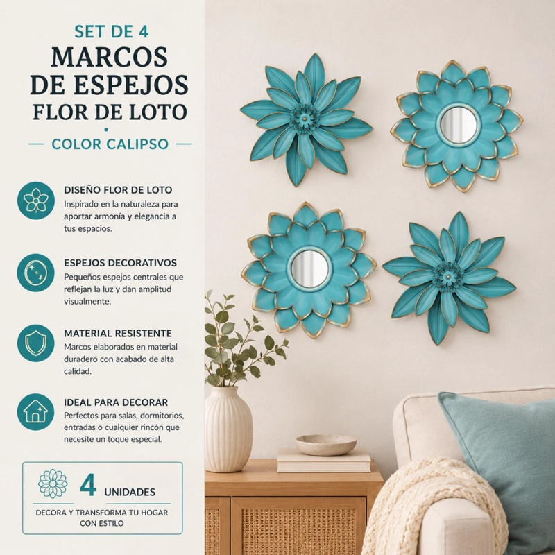 SET 4 MARCOS ESPEJOS FLOR LOTO DECORATIVO CALIPSO DECO - 4