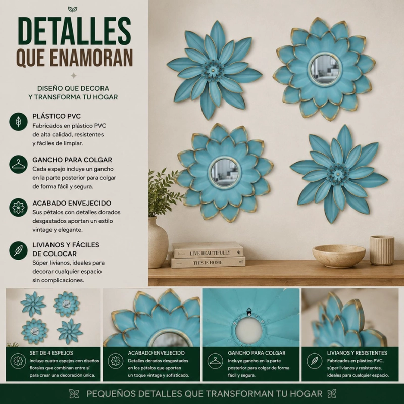 SET 4 MARCOS ESPEJOS FLOR LOTO DECORATIVO CALIPSO DECO - 8