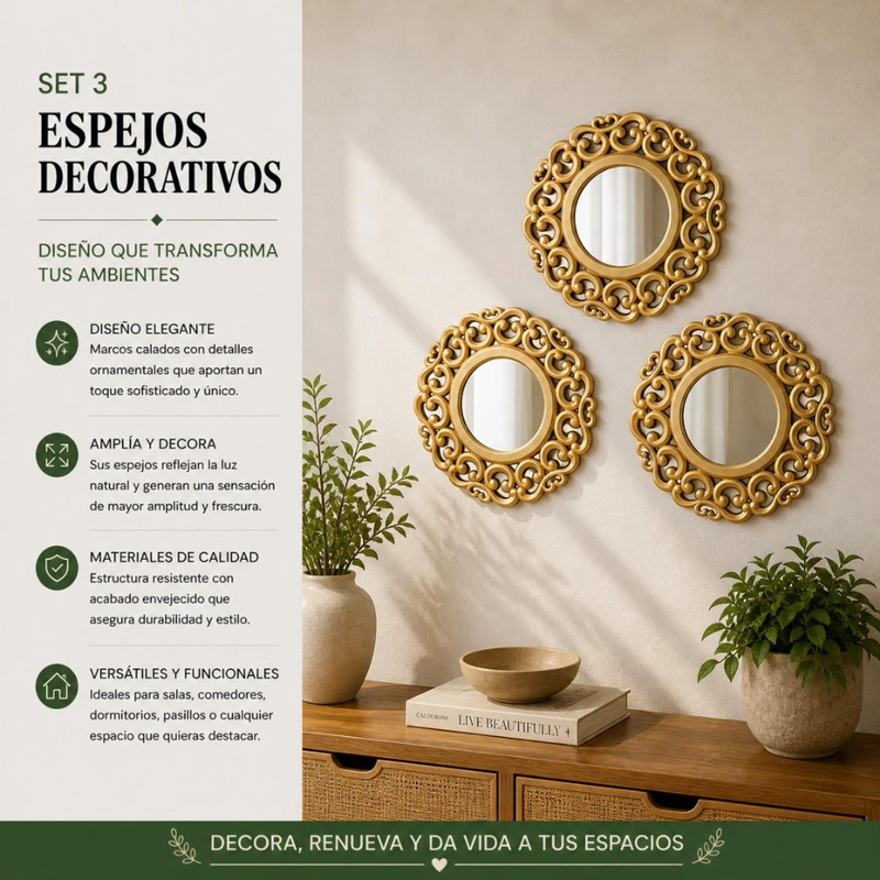SET 3 MARCOS ESPEJOS ARABE ESTILO DECORATIVO DECO DORADO - 4