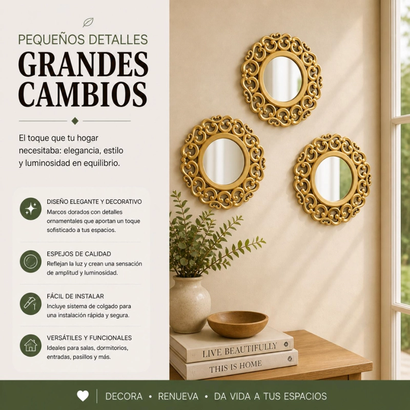 SET 3 MARCOS ESPEJOS ARABE ESTILO DECORATIVO DECO DORADO - 5
