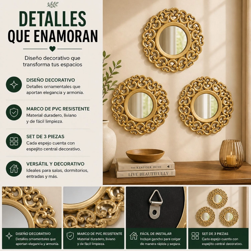 SET 3 MARCOS ESPEJOS ARABE ESTILO DECORATIVO DECO DORADO - 8