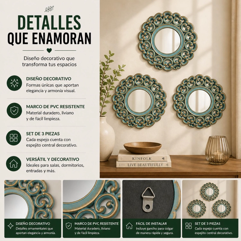 SET 3 MARCOS DE ESPEJOS ESTILO ARABE DECORATIVO CALIPSO DECO - 8
