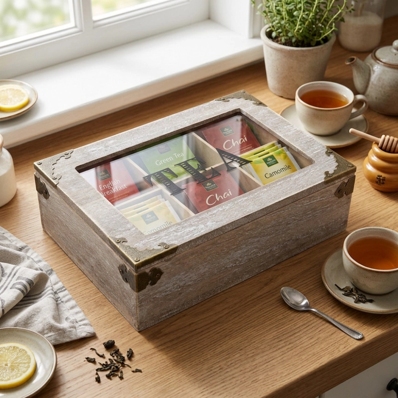 CAJA DE TE 6 DIVISIONES TAPA CON DISEÑO DECORATIVA DECOHOGAR - 5